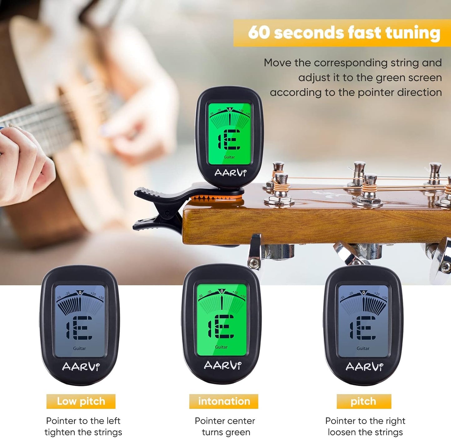 AARVI Clip-On Gitarrenstimmgerät für alle Instrumente, Akustik-/E-Gitarre, Ukulele, Bass, Violine, Banjo, großes, klares LCD-Display zum Stimmen der Gitarre, chromatisches Stimmgerät, 4 Gitarrenplektren inklusive
