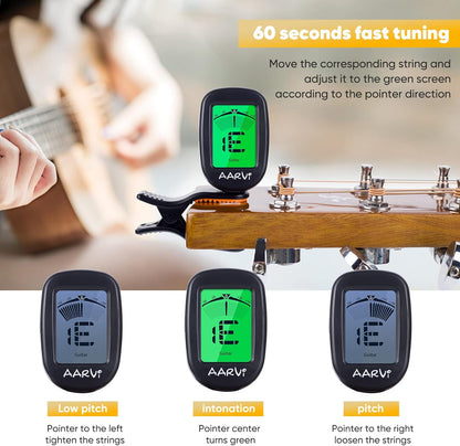 AARVI Clip-On Gitarrenstimmgerät für alle Instrumente, Akustik-/E-Gitarre, Ukulele, Bass, Violine, Banjo, großes, klares LCD-Display zum Stimmen der Gitarre, chromatisches Stimmgerät, 4 Gitarrenplektren inklusive