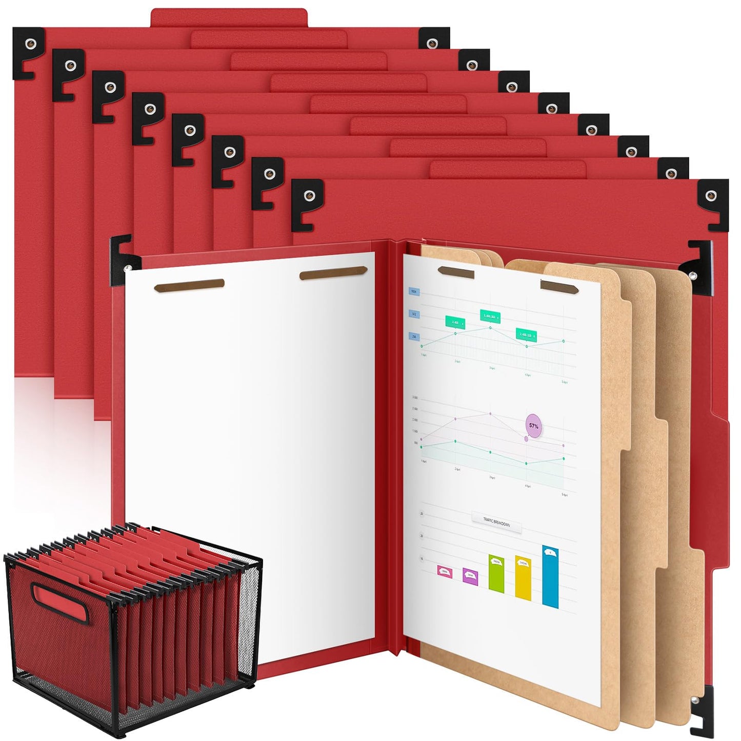 Henoyso 10 Pcs Hanging Classification File Folders, Letter Size Red Folders with 3 Pressboard Dividers, 8 Fasteners, 4 Inch Expansion, 1/3-cut Top Tab for Medical Records and File Cabinet Organizer