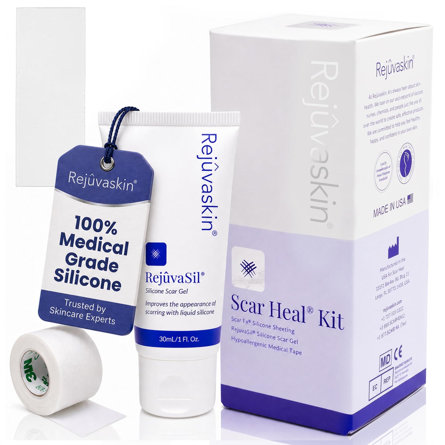 Rejuvaskin Scar Heal Kit for Breast Scars, Soften, Flatten, Reduce and Recover, Silicone Sheeting, RejuvaSil Gel & Medical Tape, Breast Anchor Pair