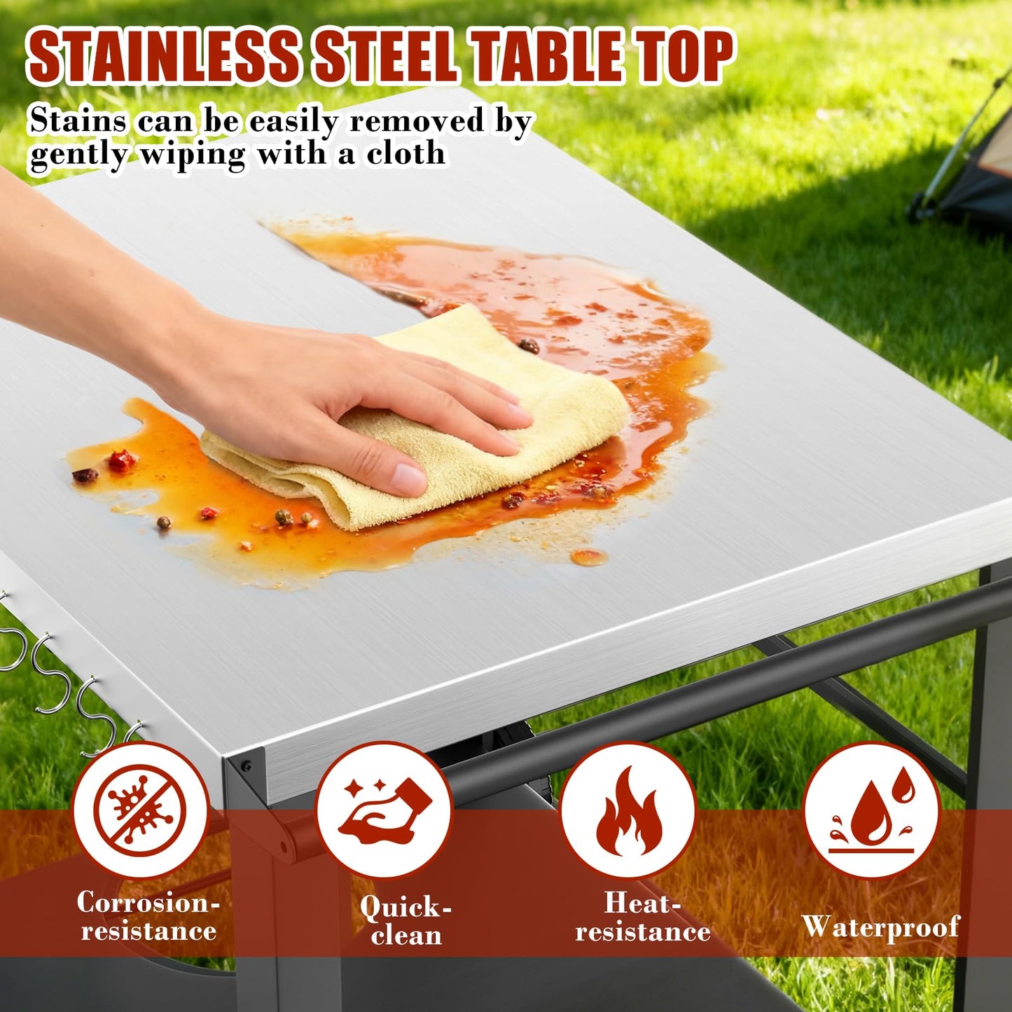 Pizza Oven Table Grill Cart with Topping Station, Grill Table Stand with Wheels for Ninja, Blackstone Griddle, Ooni, Gozney, Cuisinart, Heavy Duty BBQ Prep Cart with Storage Shelf and Hooks