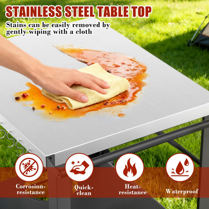 Pizza Oven Table Grill Cart with Topping Station, Grill Table Stand with Wheels for Ninja, Blackstone Griddle, Ooni, Gozney, Cuisinart, Heavy Duty BBQ Prep Cart with Storage Shelf and Hooks