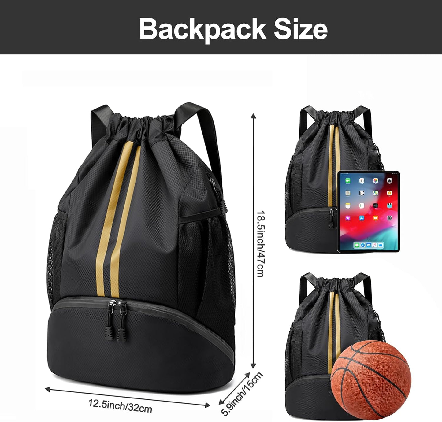Hoedia Sports-Kordelzugrucksack – Schwimm-Turnbeutel mit Schuhfach und wasserdichter Tasche für Damen und Herren