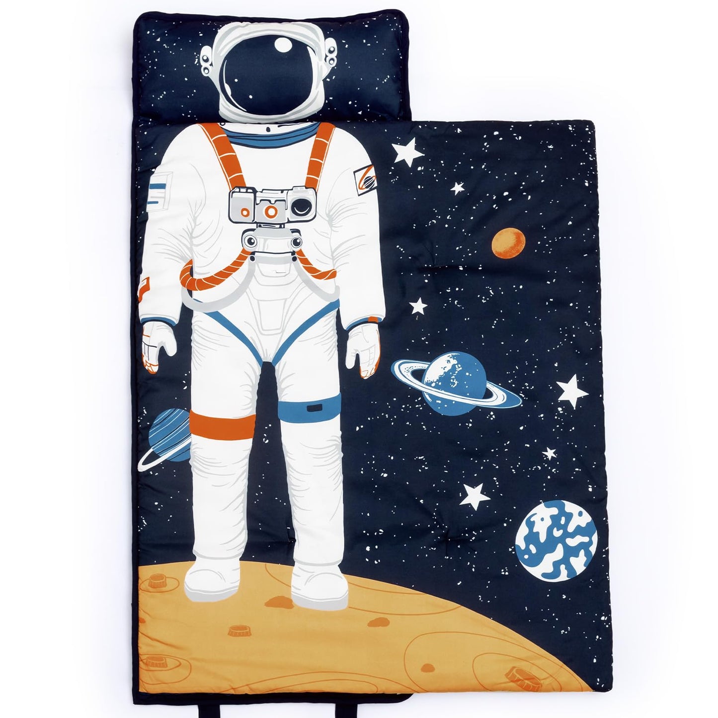 PHF Toddler Nap Mat with Removable Pillow and Minky Blanket, Rollup Design Kids Sleeping Mat, Slumber Bags for Boys, 55"x23" Toddler Sleeping Bag for Daycare Preschool Travel Camping, Space
