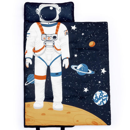PHF Toddler Nap Mat with Removable Pillow and Minky Blanket, Rollup Design Kids Sleeping Mat, Slumber Bags for Boys, 55"x23" Toddler Sleeping Bag for Daycare Preschool Travel Camping, Space