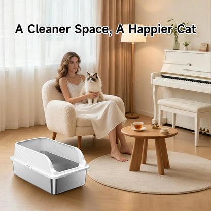 Stainless Steel Cat Litter Box, Odor Free Metal Litter Box with High Sides Lid, Open Top Low Entry Litter Pan Include Scoop Easy Cleaning Anti-Scratch Kitty Cat Box Anti-Urine Leakage, Non-Sticky