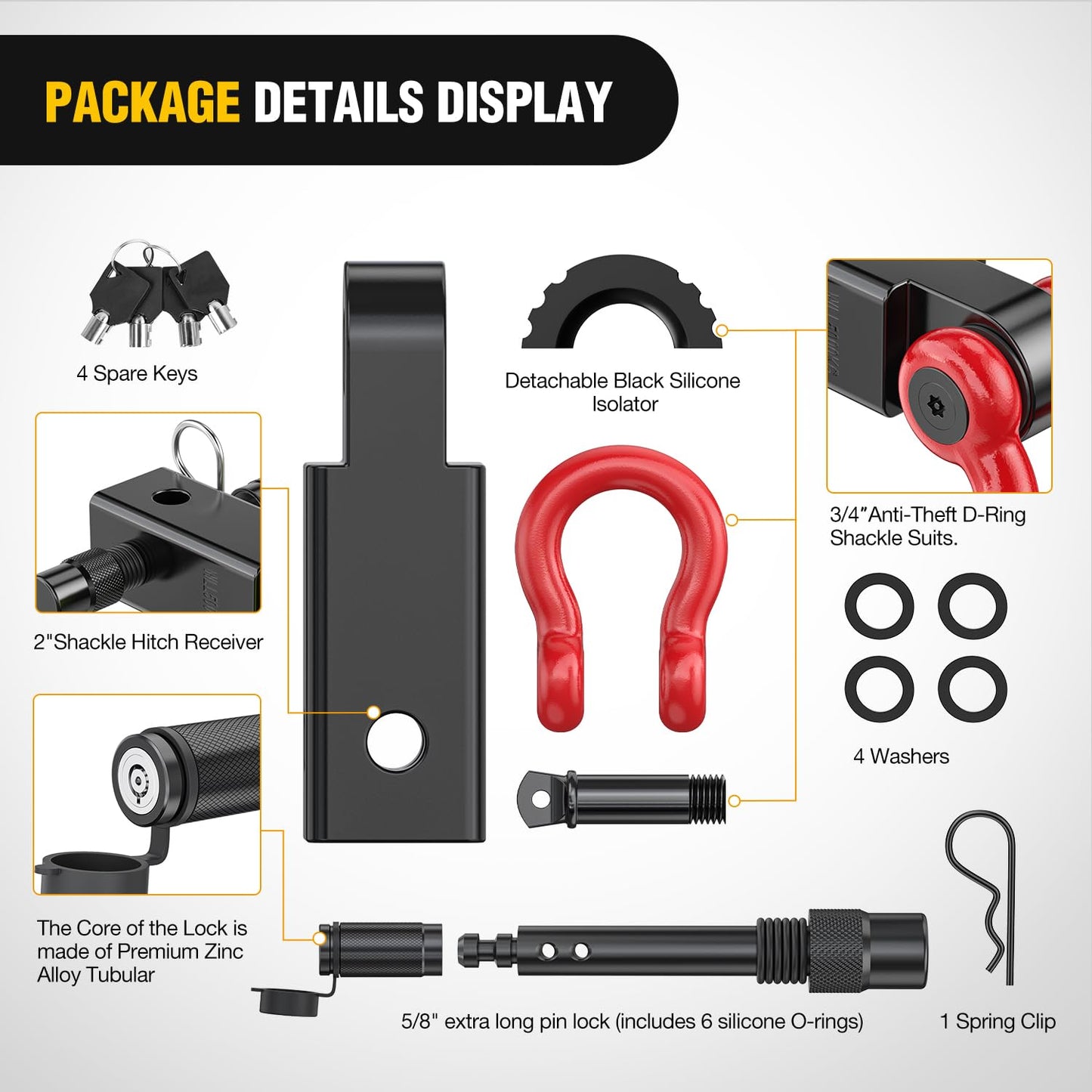 Nilight Anti-Theft Shackle Hitch Receiver 2Inch 45000 LBs Breaking Strength 3/4" Anti-Theft D Ring Shackle 5/8" Trailer Hitch Lock Pin Heavy Duty Solid Towing Kit for Trucks Off Road (Black)