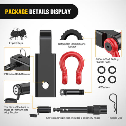 Nilight Anti-Theft Shackle Hitch Receiver 2Inch 45000 LBs Breaking Strength 3/4" Anti-Theft D Ring Shackle 5/8" Trailer Hitch Lock Pin Heavy Duty Solid Towing Kit for Trucks Off Road (Black)