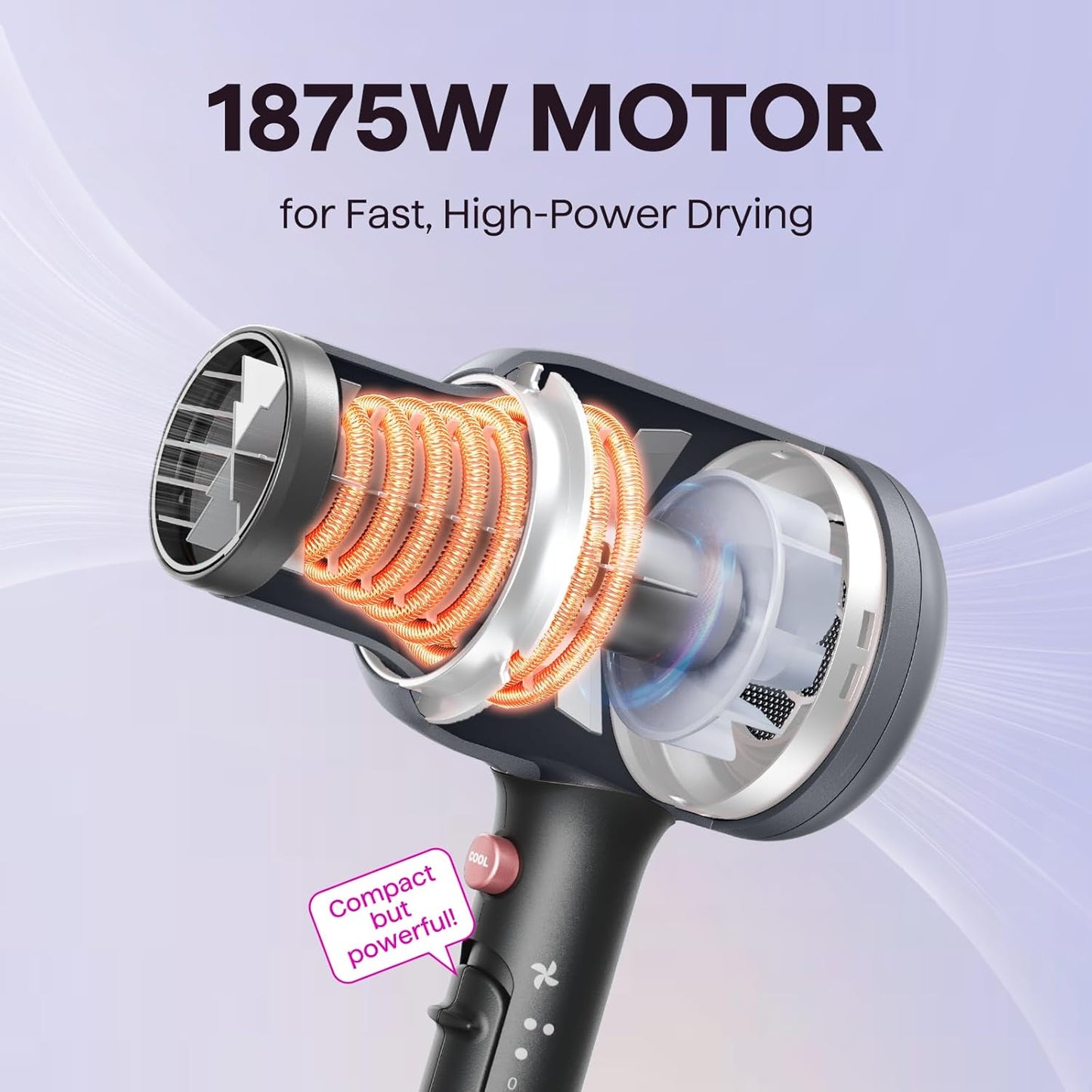 Wavytalk Ionen-Haartrockner mit Diffusor und Zentrierdüse, leichter leiser Föhn, leistungsstarker 1875-Watt-Motor für geschmeidiges und schnelles Trocknen der Haare, Rosenpink