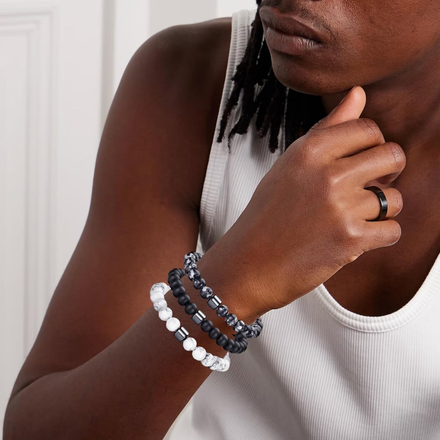 Tigerauge Armband für Herren 8MM Natursteinperlen Armband Set Stretch Lava Stein Armbänder Verstellbares Schwarzes Kristallperlenarmband für Herren Damen Geschenke