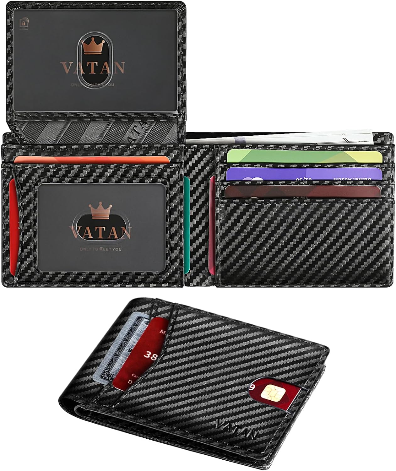VATAN Wallet for Men Slim RFID Blocking Leather Credit Card Holder Wallet for 15 Cards, Bifold Minimalist Thin Wallet with 2 ID Windows & Cash Slot, with Gift Box (Carbon Fiber Black)