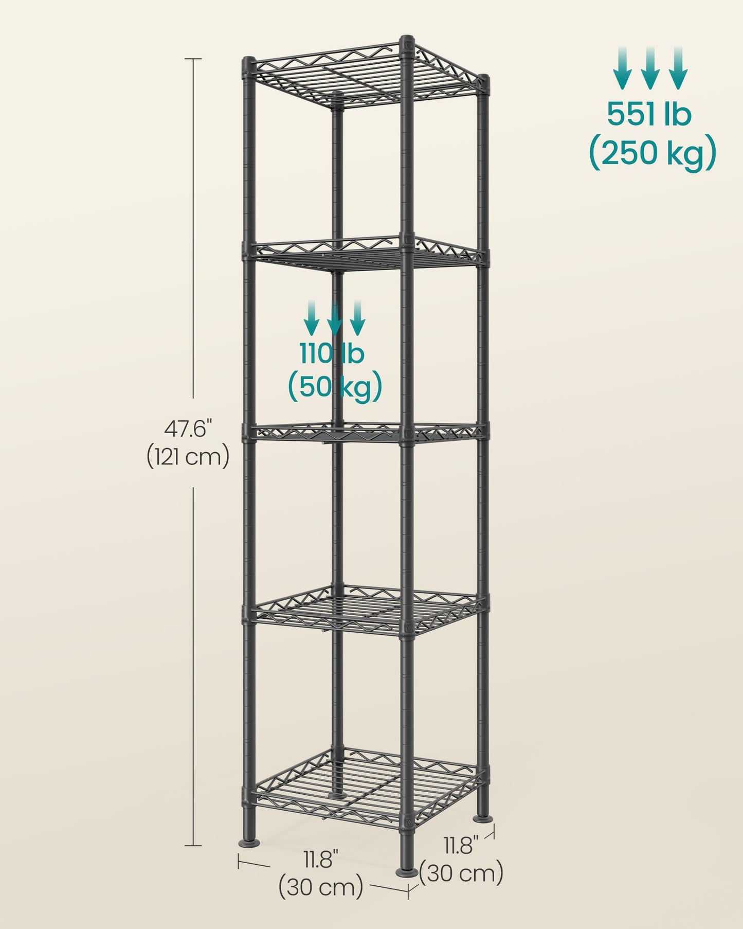 SONGMICS Storage Shelf, Small Metal Wire Shelving Unit, Adjustable Shelves, for Small Spaces, Garage, Bedroom, Living Room, Kitchen, Pantry, 5 Tier, 11.8 x 11.8 x 47.6 Inches, Ink Black ULGR123BH01
