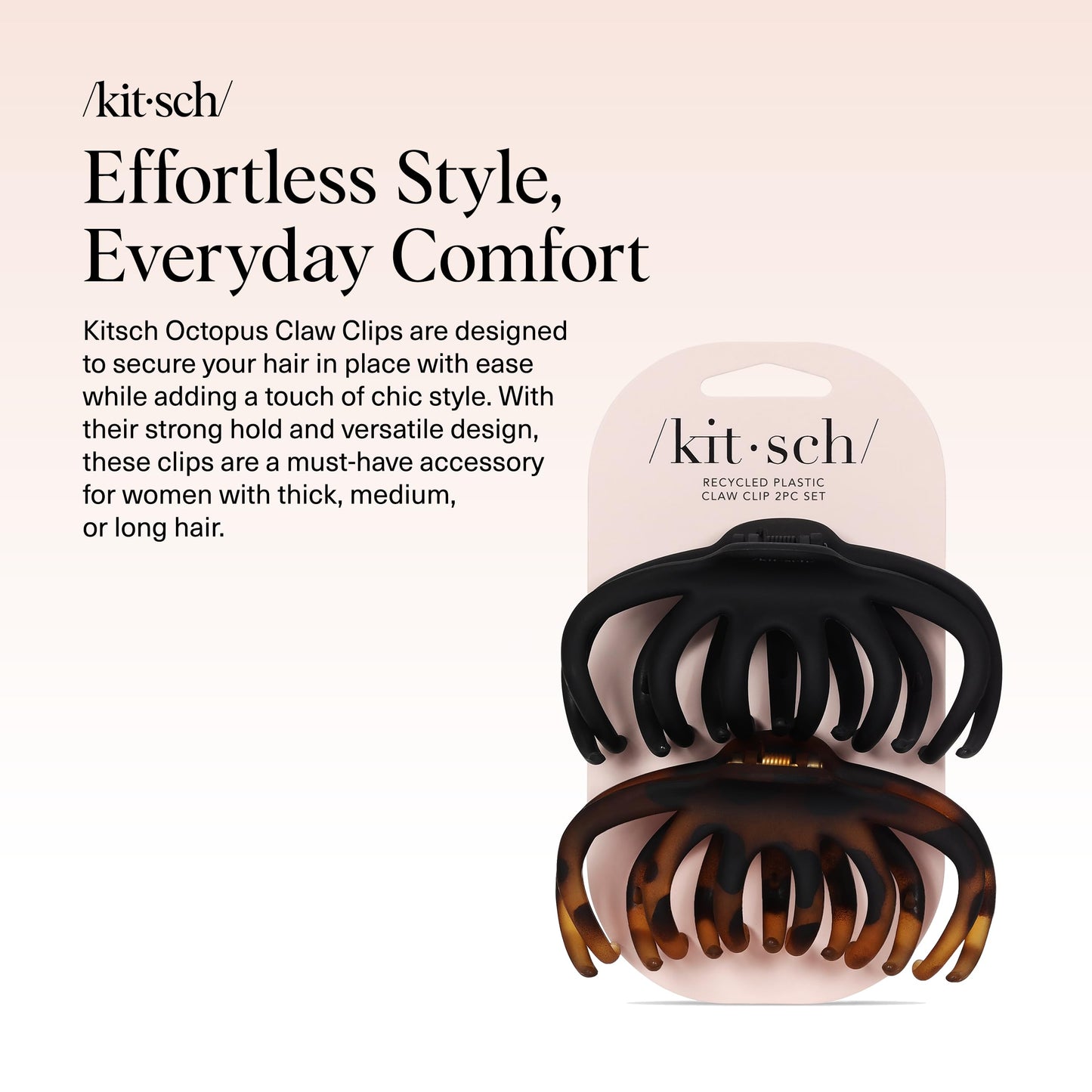 Kitsch Mittelgroße Haarspangen für Damen, starker Halt, Haarclips aus recyceltem Kunststoff für dickes Haar | Ideal für Hochsteckfrisuren, halb offene Frisuren | Ideale Geschenke für Frauen – 2 Stück, Schwarz und Schildpatt