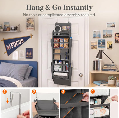 Lifewit 1 Pack Over the Door Organizer, 5 Section Clear Window Hanging Storage with 4 Side Pockets, Sturdy Anti Tilt 40 lbs Load Behind Door for Closet, Bedroom, Bathroom, Nursery, Dorm, Dark Gray