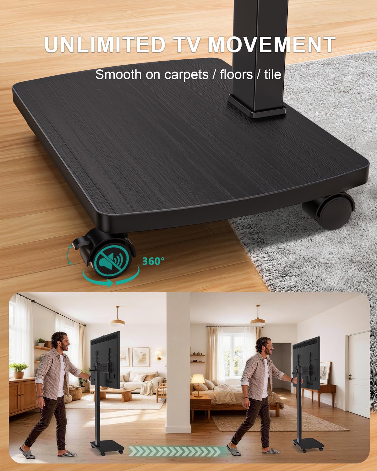 WALI Rolling TV Stand with Power Outlet & AV Shelf, Mobile Tall TV Stand Mount on Wheels for 34-75 inch TV up to 110 lbs, Swivel Height Adjustable TV Cart with Wood Base for Bedroom(TVDVD-6PRW), White