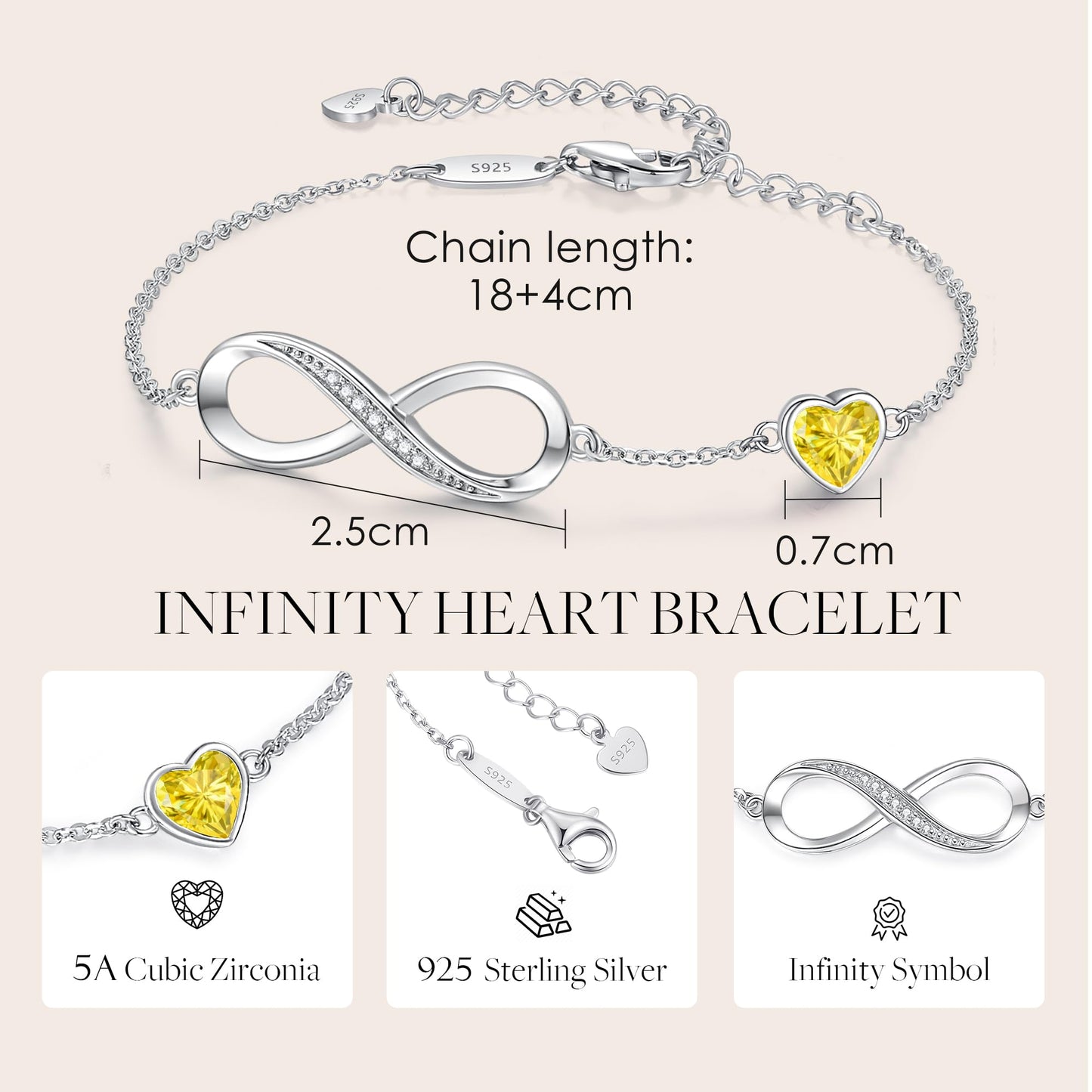 CDE Valentinstagsgeschenk Infinity Herz Geburtsstein Charm Gliederarmband für Damen 925 Sterling Silber Verstellbares Muttertags- Weihnachtsgeschenk Jubiläums- Geburtstags-Schmuck für Ehefrau Freundin Sie