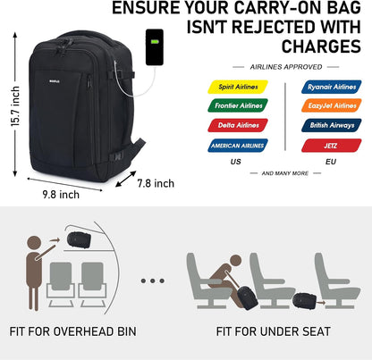 ECOHUB 16'' Reise-Rucksack Handgepäck Unterseat-Rucksack Persönlicher Gegenstand Flugzeug-Reisetasche mit 13 Taschen Handgepäck Flaschenhalter USB-Ladeanschluss Casual Daypack für Frauen Männer Schwarz