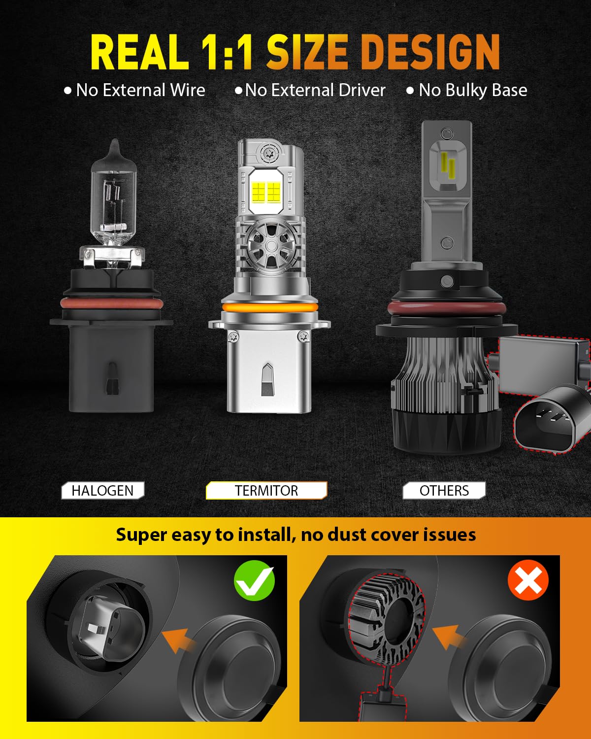 Termitor 2026 Upgraded H4/9003/HB2 Light Bulbs, 90,000LM 15X Super Bright Hi/Low Beam, 6500K Cool White H4 9003 Fog Lights, 1:1 Halogen Size Automotive Replacement IP68 Waterproof, Pack of 2
