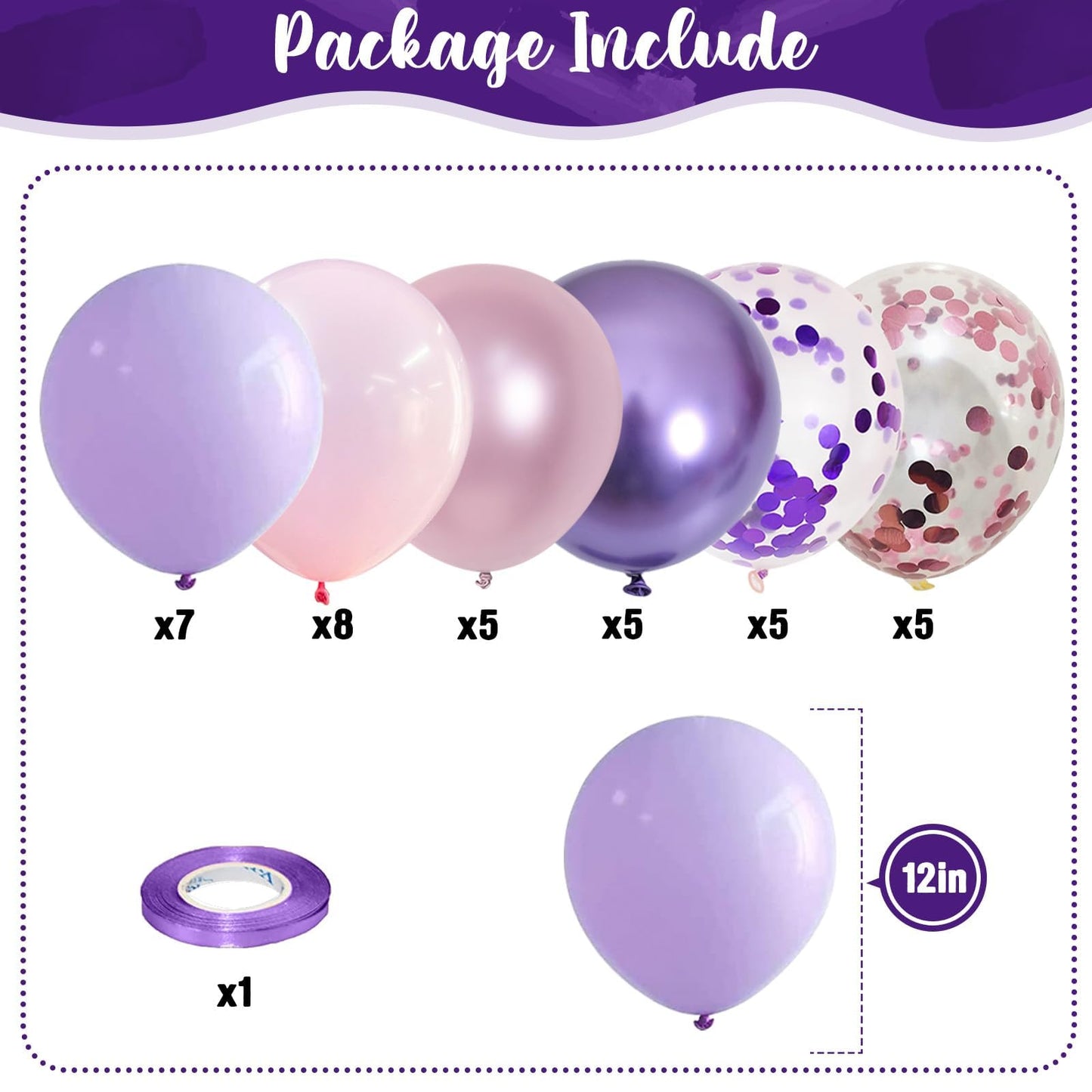 Pastellrosa und lilafarbene Ballons, 12-Zoll-Metallic-Lila-Flieder-Pink-Konfetti-Ballon-Set für Mädchen, Frauen, Kpop, Schmetterling-Geburtstag, Babyparty, Brautparty, Hochzeit, Prinzessin, Disco, Musikparty-Dekorationen