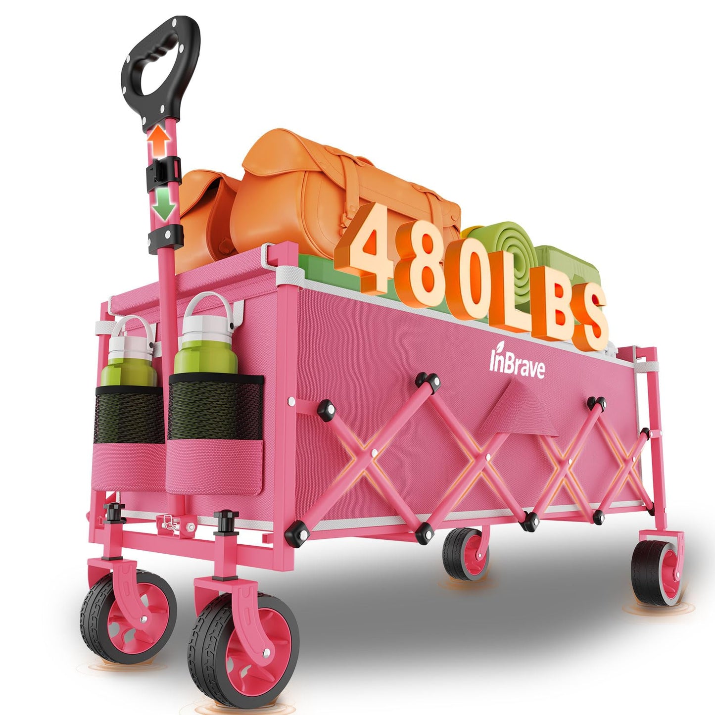 Extra Long Collapsible Wagon Cart, 480LBS Heavy Duty Utility Wagons with All-Terrain Wheels, Foldable Grocery Carts for Gardening, Shopping, Beach, Camping, Black