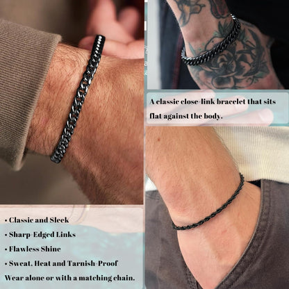 3 Stück Herren Silber Armbänder, robustes Curb Edelstahl Breite Schlangenkette Figaro Cuban Armband Set 7/7.8+1.2 Zoll verstellbares Stapel-Silberkettenarmband für Männer