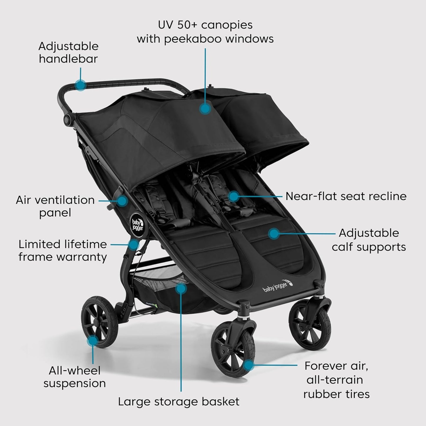 Baby Jogger® City Mini GT2 All-Terrain Double Stroller, Forever Air Rubber Tires, All-Wheel Suspension, Twin Stroller with Belly Bar, Leatherette Handlebar, Premium Fabric, Amazon Exclusive Pike Color