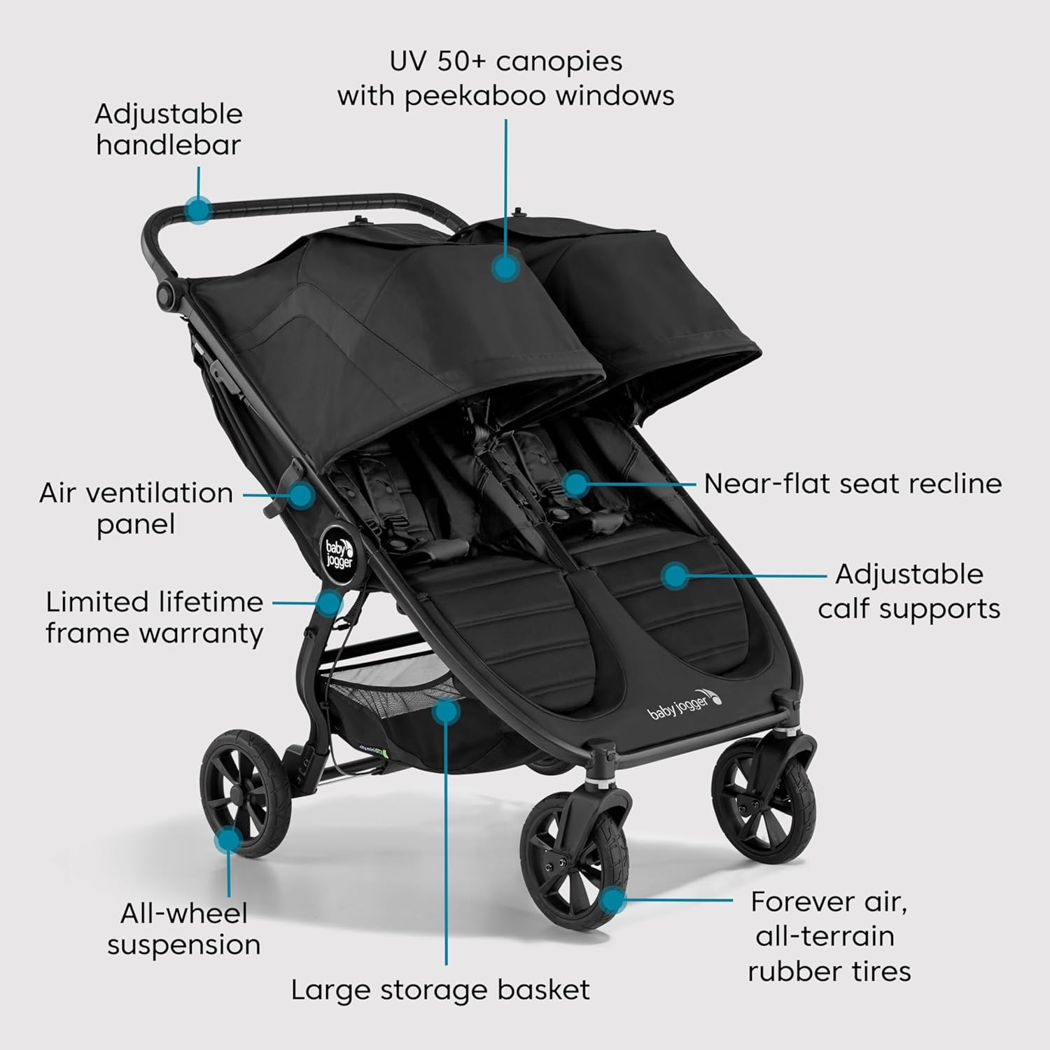 Baby Jogger® City Mini GT2 All-Terrain Double Stroller, Forever Air Rubber Tires, All-Wheel Suspension, Twin Stroller with Belly Bar, Leatherette Handlebar, Premium Fabric, Amazon Exclusive Pike Color