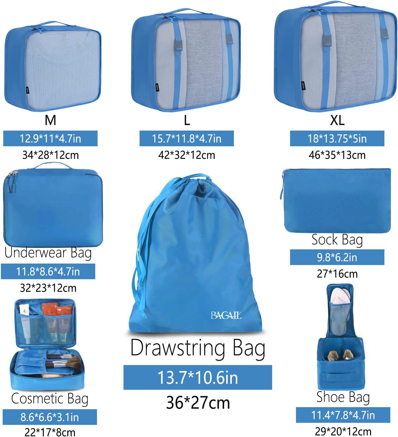 BAGAIL 8er Set Packwürfel Gepäckorganizer für Reisezubehör