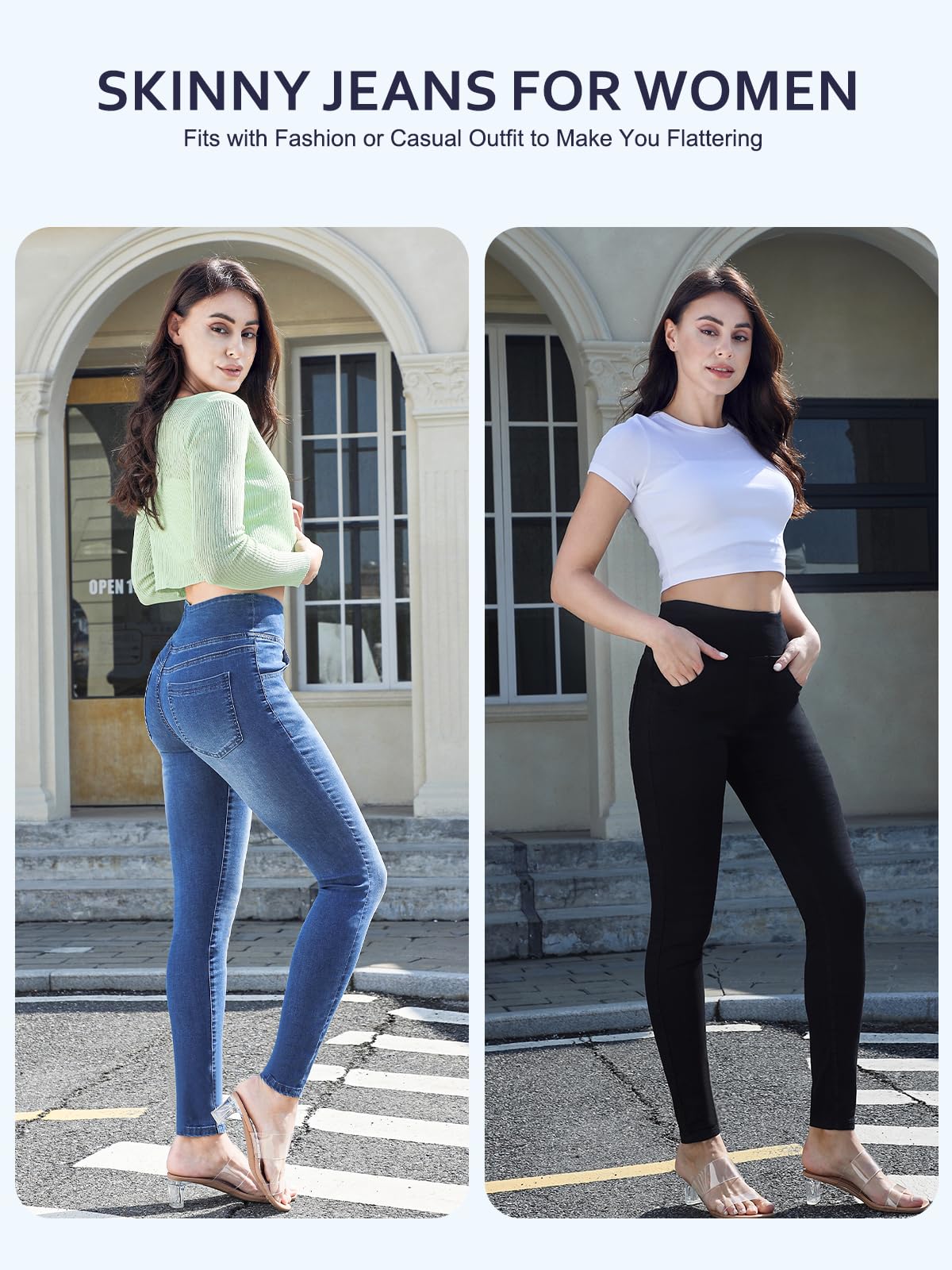 Chasehot Pull-On Skinny Jeans für Damen, dehnbare High-Waist Leggings, trendige Bauchkontrolle, Denim-Jeggings mit Taschen, Dark Wash-L