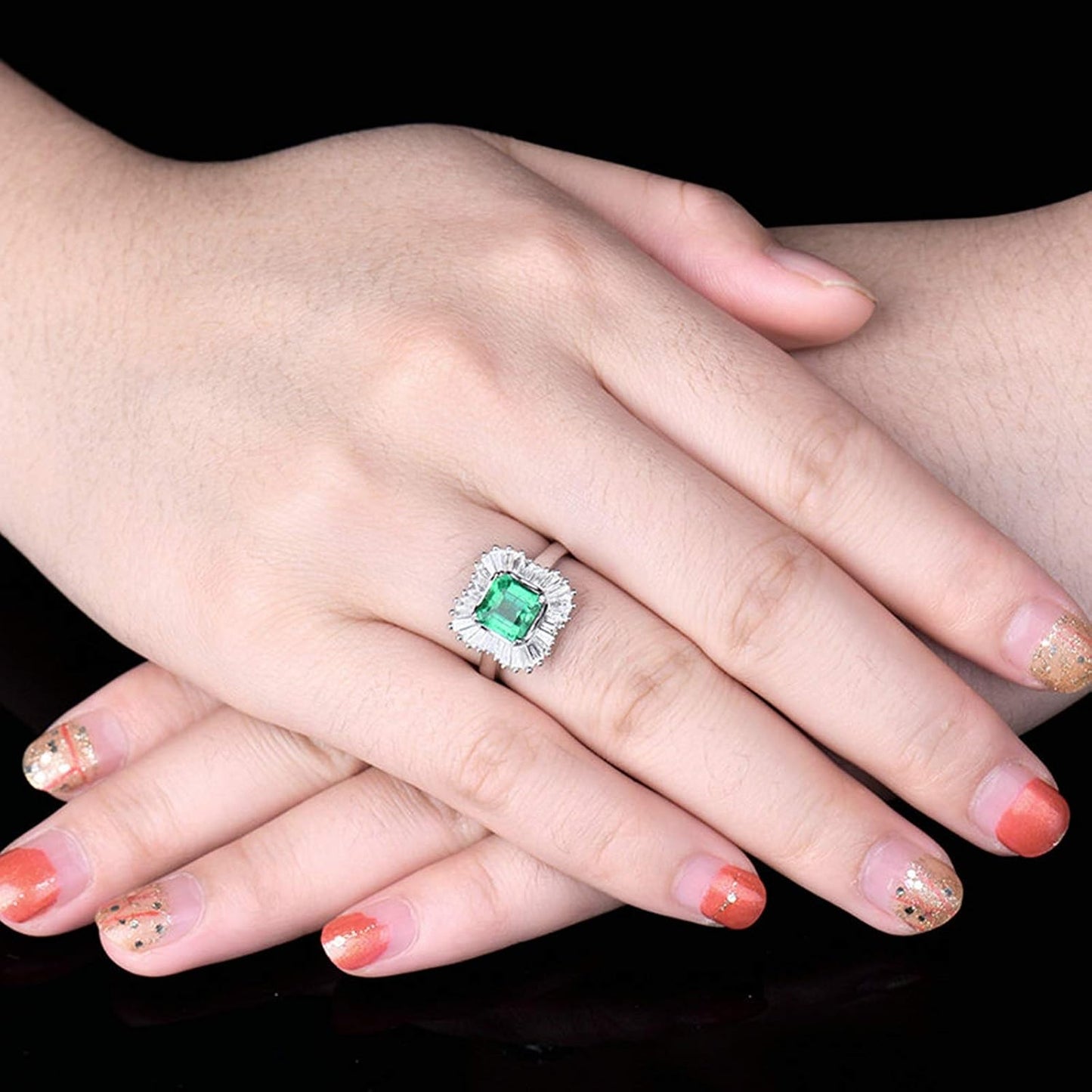 AmDxD White Gold Rings for Women, Anniversary Ring for Wife Halo Ring 1.5ct Emerald with 0.73ct Diamond Birthday Gifts | Valentine Gifts