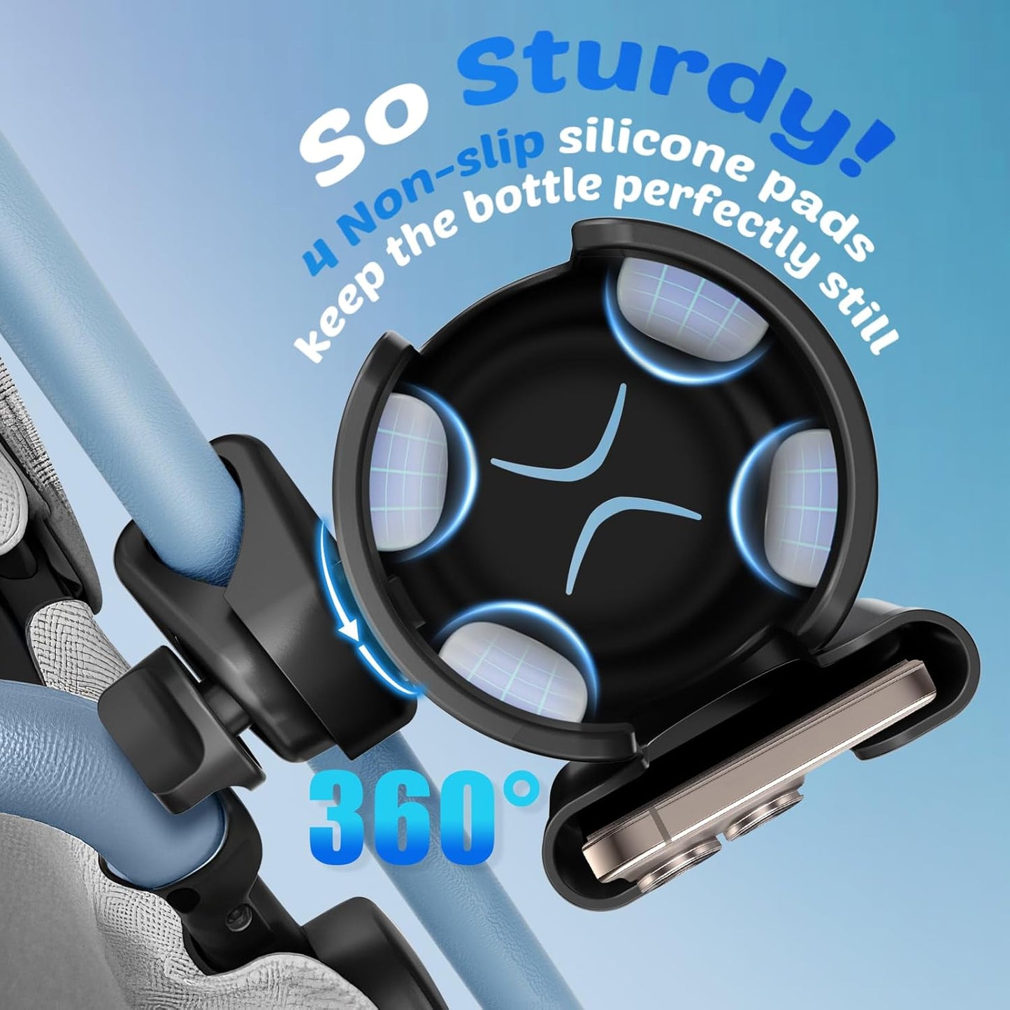 Guiseapue Kinderwagen Becherhalter mit Handyhalterung: Universeller Becherhalter für Rollator, Rollstuhl, Fahrrad, Golf/Kinderwagen Zubehör für Uppababy, Nuna, Doona, Rollator, Golfwagen, Roller, Schwarz