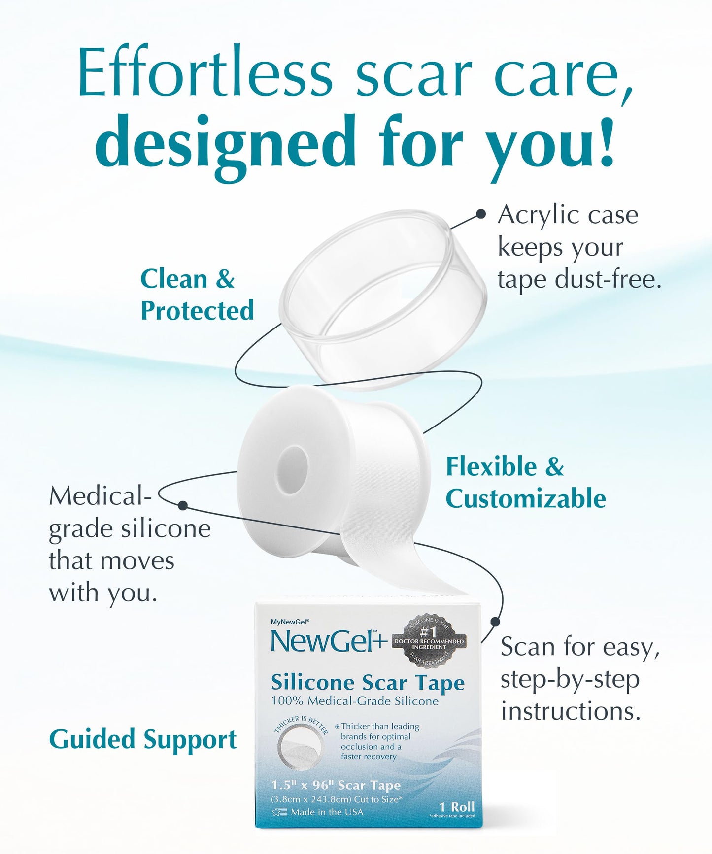 NewGel Plus Silicone Scar Tape Roll by MyNewGel – 100% Medical-Grade Silicone Scar Sheet for Surgery, C-Section, Keloid & Acne Scars – Extra Thick 1mm Tape – Made in USA – 1.5” x 96”