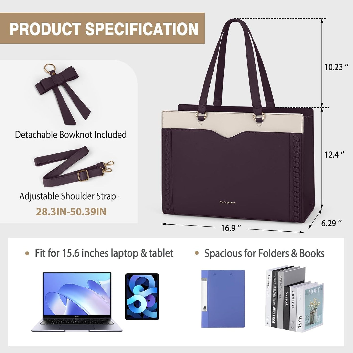 RAINSMORE Laptop Bag for Women 15.6 Inch Work Tote Bag with Detachable Strap & Bow Leather Laptop Tote with Cup Holder