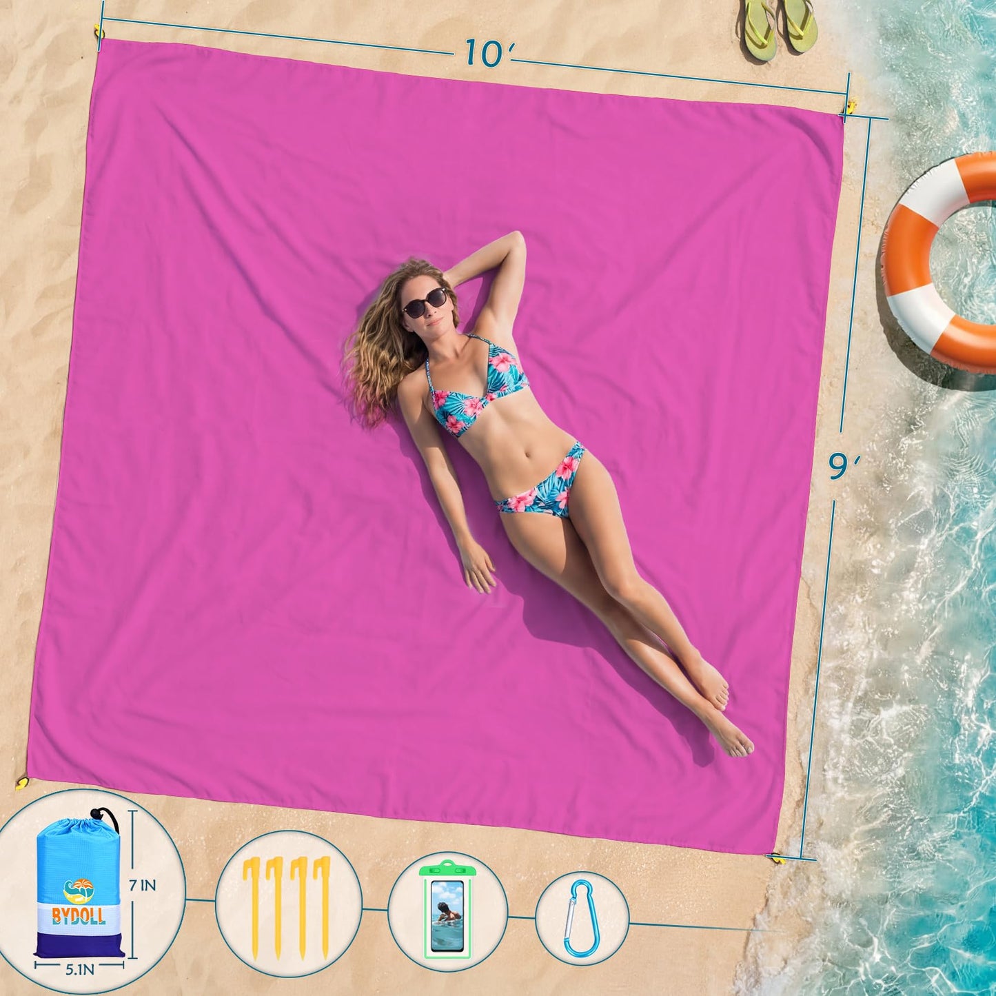 BYDOLL Beach Blanket Waterproof Sandproof Large Sand Free,78''X81''/10'X9' Oversized Sandless Lightweight Blanket Picnic Mat for Beach Travel Camping Hiking with Stakes