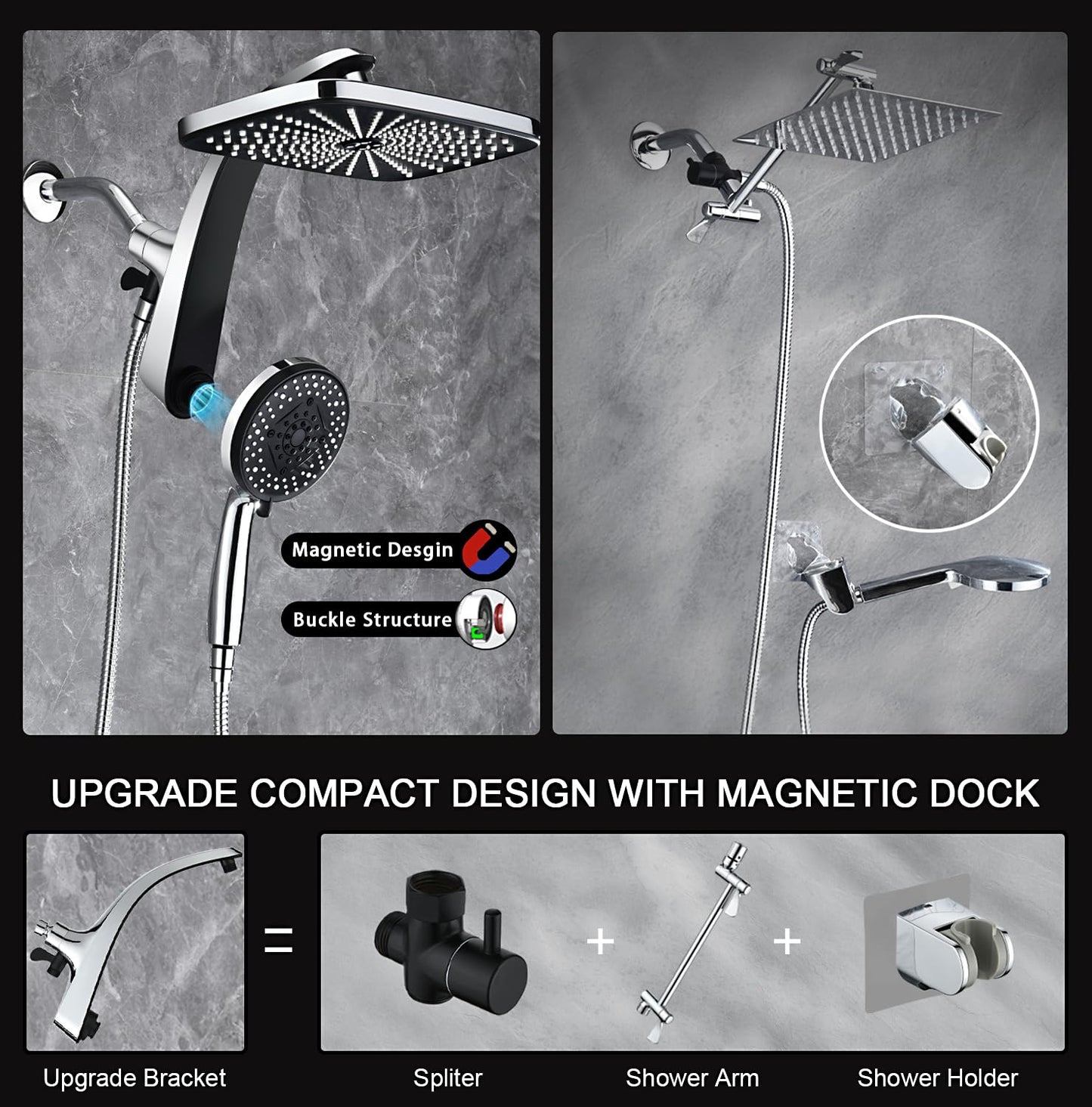BOZYBO Rain Shower Head with Handheld: High Pressure Shower Heads with Handheld Spray Combo, 12" Rainfall Shower Head and 9 Sprays Hand Showerheads with Magnetic Docking and Power Jets, Chrome