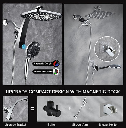 BOZYBO Rain Shower Head with Handheld: High Pressure Shower Heads with Handheld Spray Combo, 12" Rainfall Shower Head and 9 Sprays Hand Showerheads with Magnetic Docking and Power Jets, Chrome