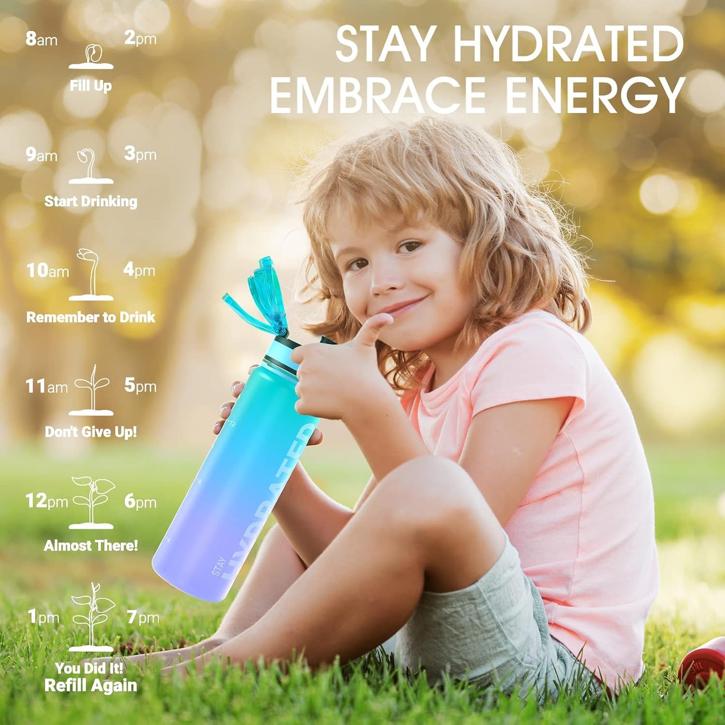 Sahara Sailor Trinkflasche, 950ml Motivations-Sportflasche mit Zeitmarkierung – Trinkzeiten – Tritan, BPA-frei, weite Öffnung auslaufsicher, Fast-Flow-Technologie mit Reinigungsbürste (1 Flasche)