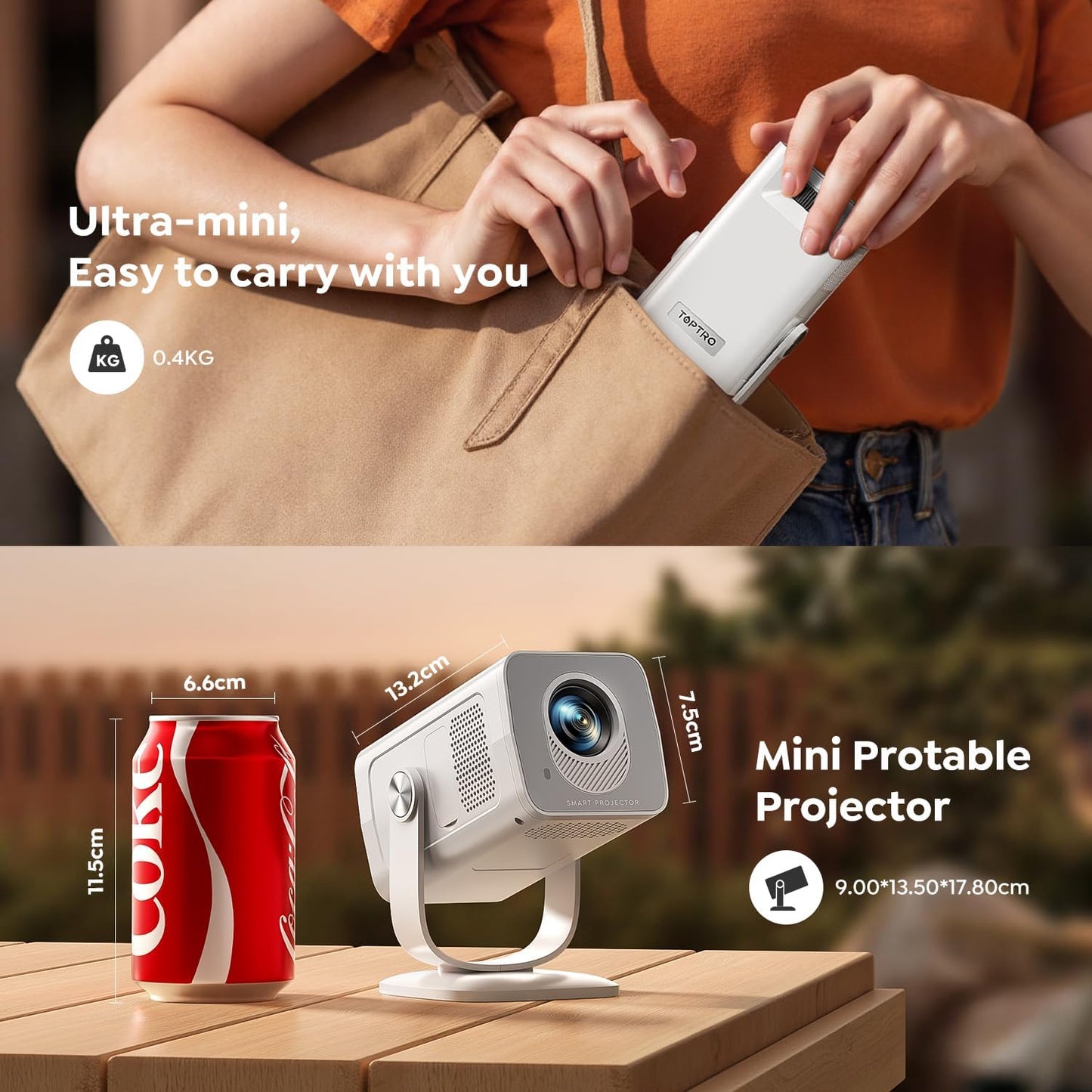 【Built-in Apps | Short Throw】Mini-Projector with WiFi6 and Two-Way Bluetooth5.4, 4K 1080P Support Portable-Projector, Auto Keystone 270° Rotation Outdoor Movie-Projecteur for Phone/HDMI/TV Stick,White