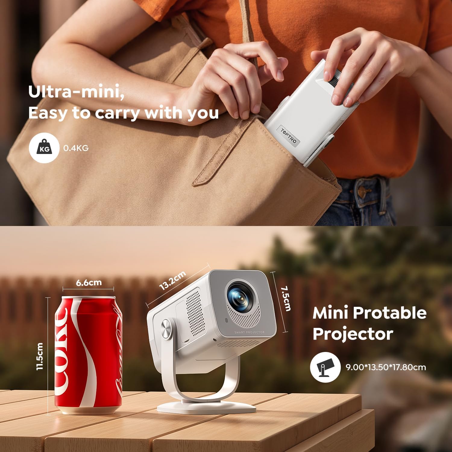【Built-in Apps | Short Throw】Mini-Projector with WiFi6 and Two-Way Bluetooth5.4, 4K 1080P Support Portable-Projector, Auto Keystone 270° Rotation Outdoor Movie-Projecteur for Phone/HDMI/TV Stick,White