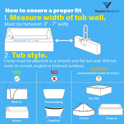 Vaunn Medical Adjustable Height Bathtub Safety Rail, Extra-Height 17"-20" Tall Extension ADA Compliant Shower Grab Bar Handle for Elderly and Disabled, Secure Locking Tub Clamp, 300 lbs