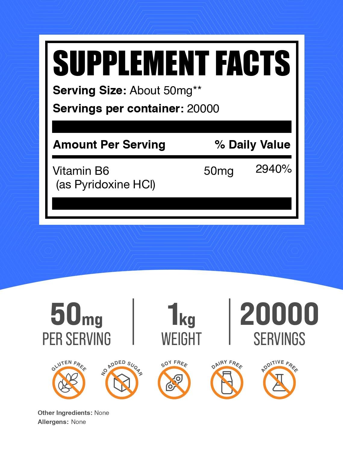 BulkSupplements.com Pyridoxine HCl Powder - Vitamin B6 Supplement, Vitamin B6 50mg - for Immune Support, Gluten Free, 50mg of Pyridoxine B6 per Serving, 5kg (11 lbs) (Pack of 5)