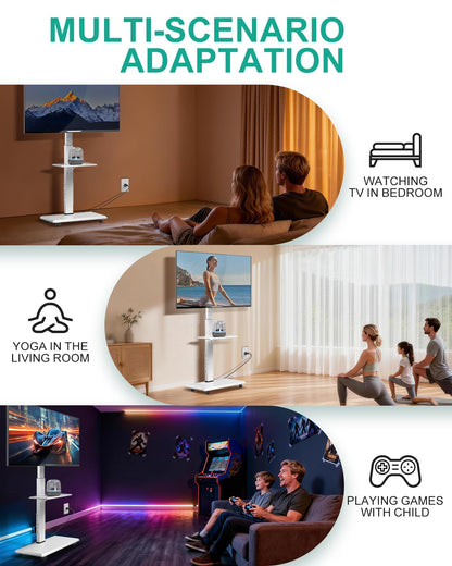 WALI Rolling TV Stand with Power Outlet & AV Shelf, Mobile Tall TV Stand Mount on Wheels for 34-75 inch TV up to 110 lbs, Swivel Height Adjustable TV Cart with Wood Base for Bedroom(TVDVD-6PRW), White