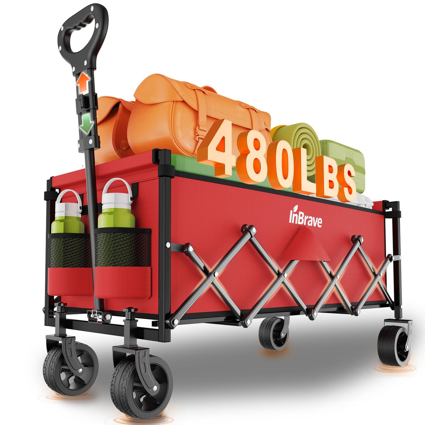 Extra Long Collapsible Wagon Cart, 480LBS Heavy Duty Utility Wagons with All-Terrain Wheels, Foldable Grocery Carts for Gardening, Shopping, Beach, Camping, Black