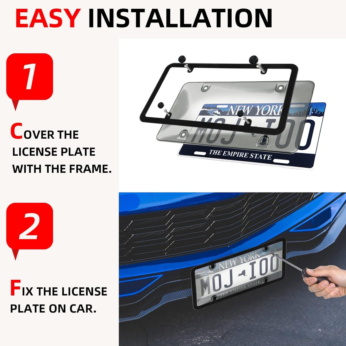 2er Pack Auto Getönte Nummernschildabdeckungen Rahmen Schild Combo - Unzerbrechliche Getönte Nummernschildabdeckung Passend für Alle Standard US-Kennzeichen, Blasen-Design Nummernschildhalter mit Schrauben & Kappen (Schwarz)