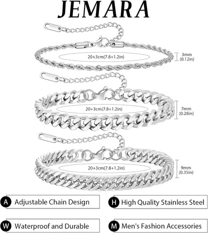3 Stück Herren Silber Armbänder, robustes Curb Edelstahl Breite Schlangenkette Figaro Cuban Armband Set 7/7.8+1.2 Zoll verstellbares Stapel-Silberkettenarmband für Männer