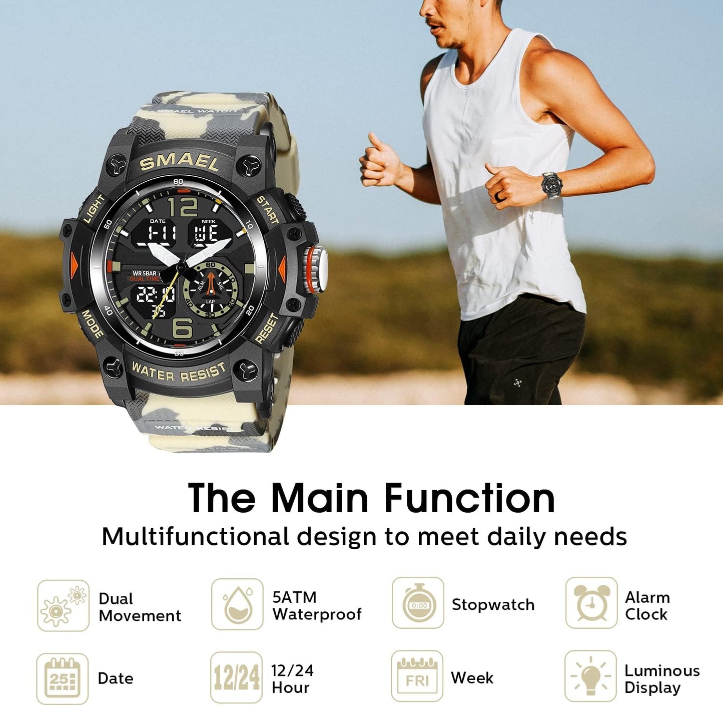 Herren Digitaluhr, Sportuhren für Männer Outdoor Militär Digital Analog Stoppuhr Wasserdicht Multifunktionale Armbanduhr