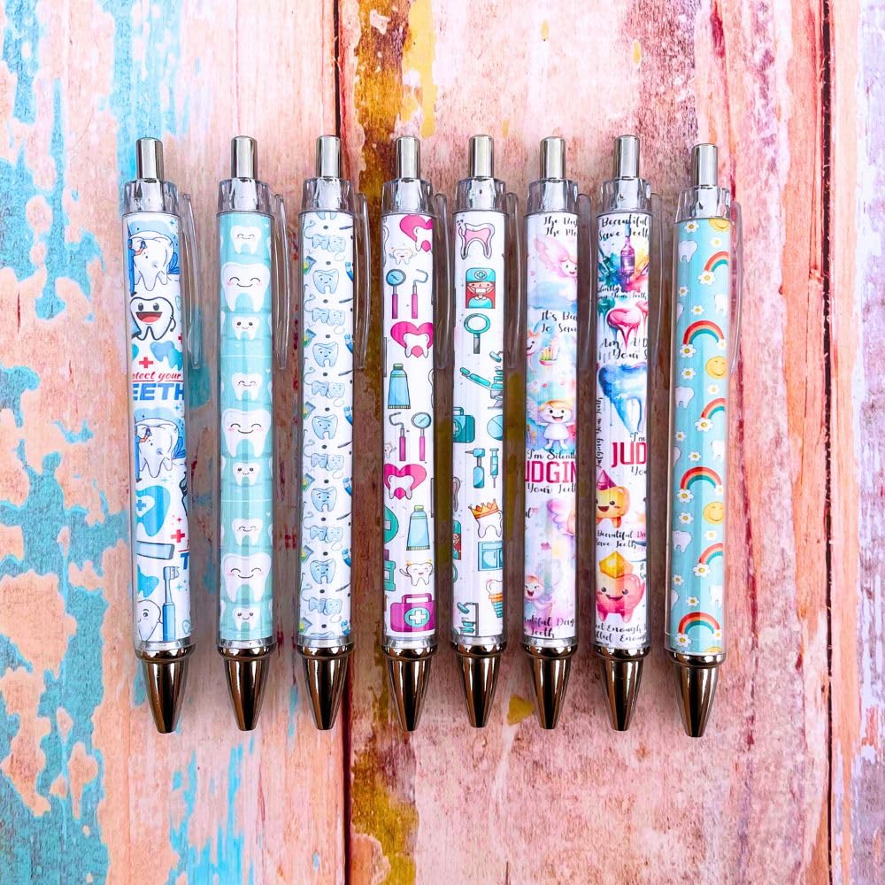 YJ PREMIUMS Dental Wrap Pens 8 Stück – Bürobedarf mit Zahn-Motiv, schwarze Stifte mit Zahnmuster als Geschenk für Mitarbeiter, Geschenke für Zahnarzthelferinnen, perfekt für die Wertschätzungswoche der Zahnarzthelferinnen