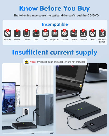 ORIGBELIE externes DVD-Laufwerk, CD-Laufwerk USB 3.0 Typ-C CD/DVD ROM +/-RW Adapter mit USB-Anschluss DVD-Brenner für Laptop, PC, Desktop-Computer, optisches Laufwerk CD-Player kompatibel mit Mac Windows Linux