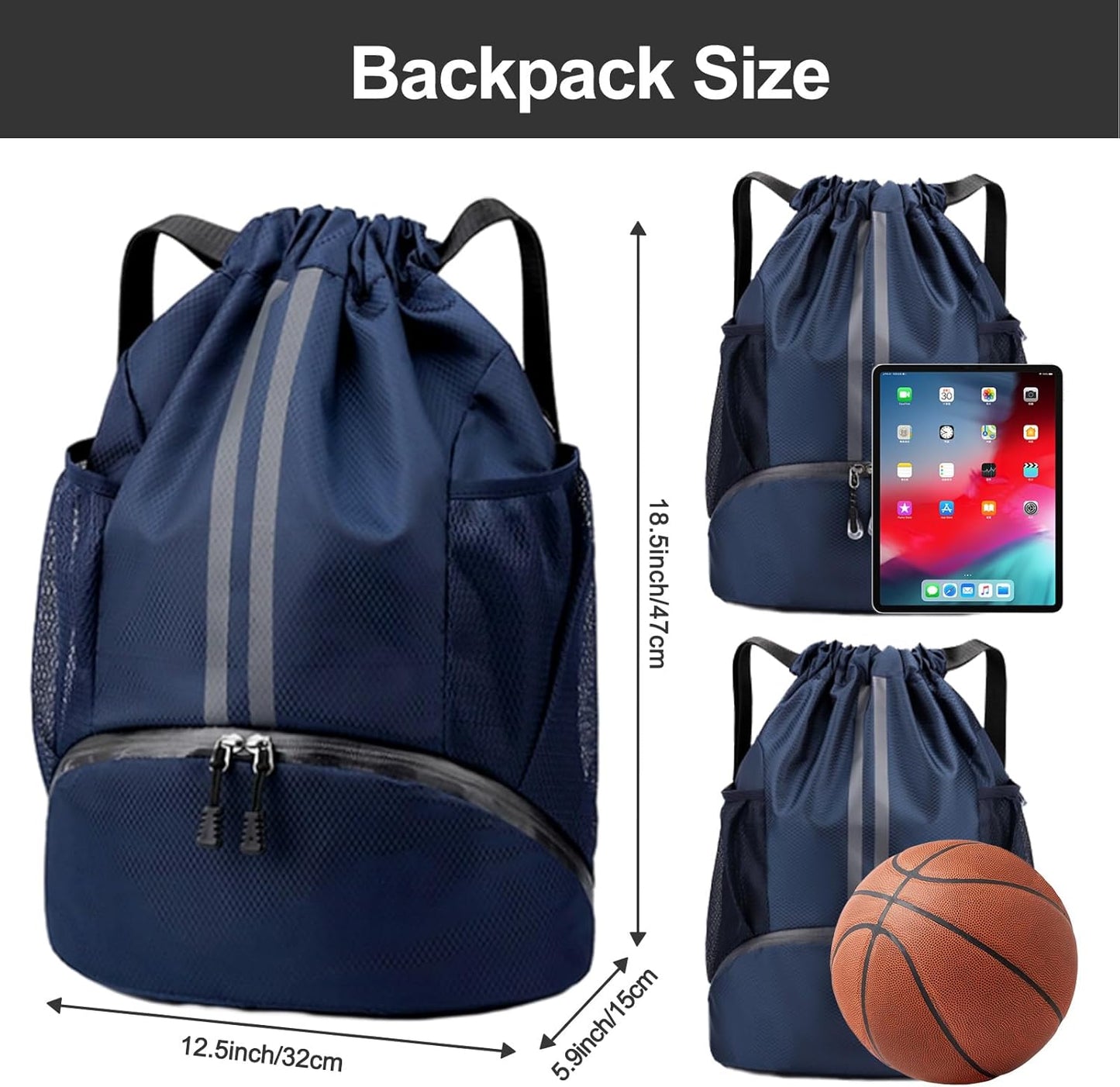 Hoedia Sports-Kordelzugrucksack – Schwimm-Turnbeutel mit Schuhfach und wasserdichter Tasche für Damen und Herren
