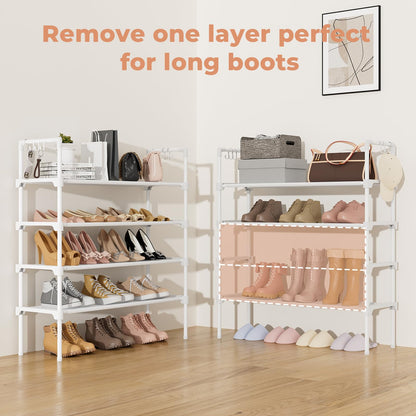 LANTEFUL 3 Tier Shoe Rack for Closet, Shoe Organizer with 5 Hooks, Long Shoe Shelf Storage for Sneaker and Boot Stackable Free Standing Shoe Rack for Entryway, Garage, Small Spaces, Dorm
